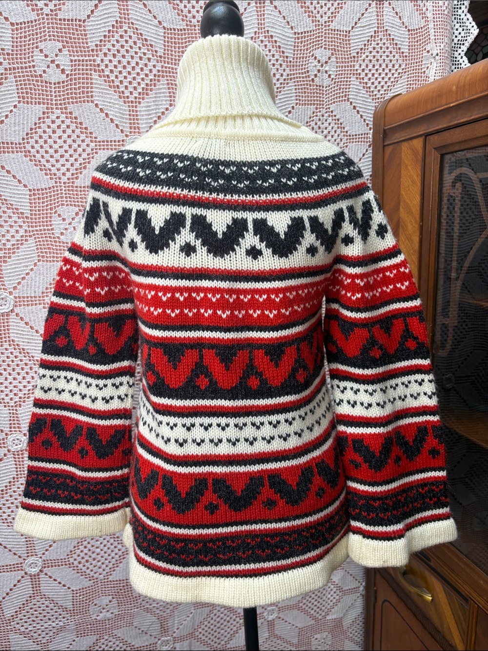 Vintage Fair Isle Cowl Neck Sweater Red Black Cream Acrylic - Picture 7 of 11